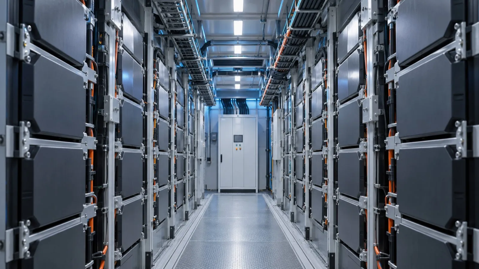 Wnętrze kontenerowego magazynu energii – rzędy szaf bateryjnych