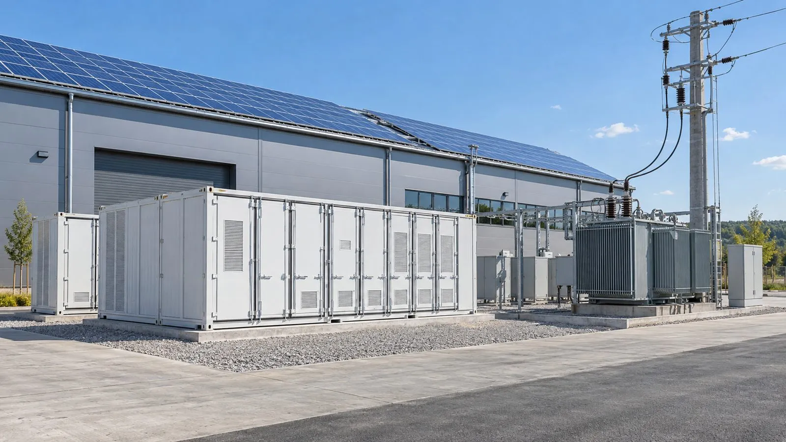 Kontenerowy magazyn energii przy zakładzie przemysłowym