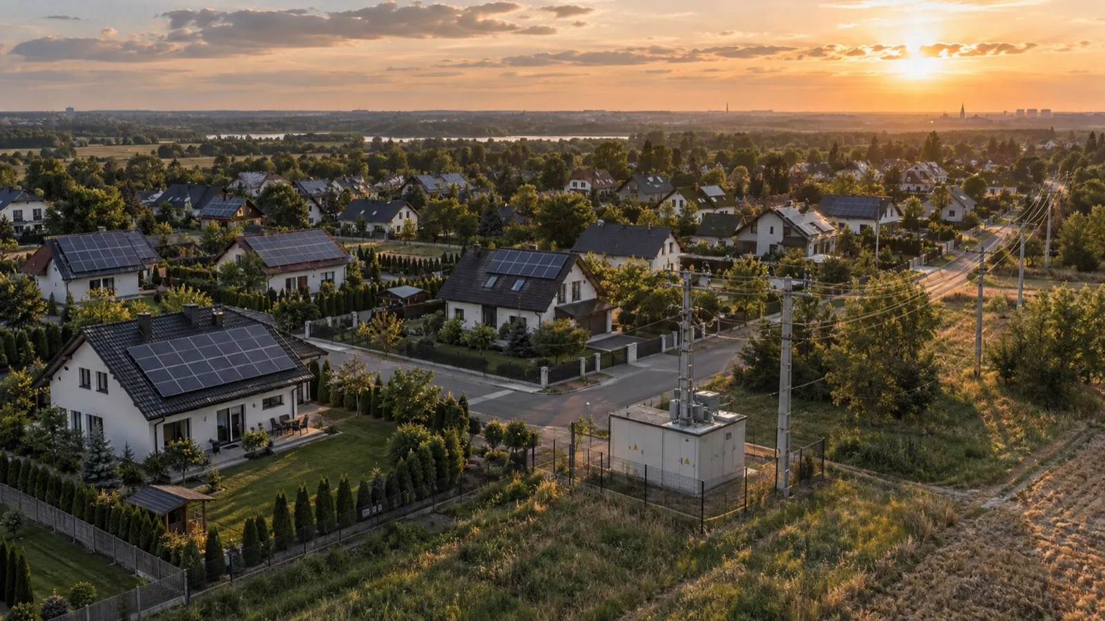 Osiedle domów z instalacjami fotowoltaicznymi i stacją transformatorową SN/nN
